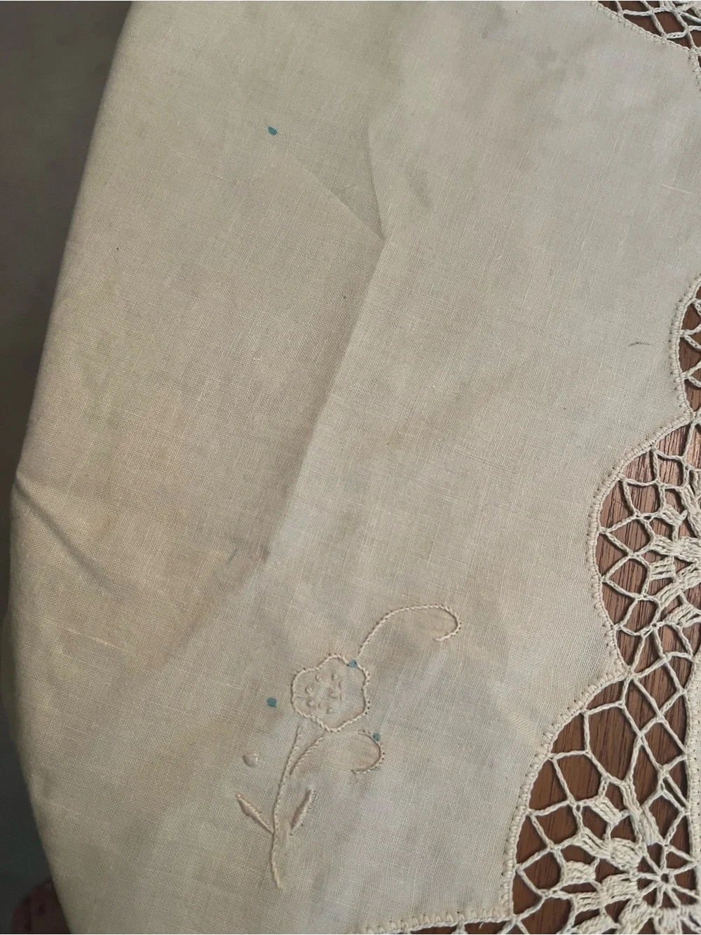 Vintage Italian Cotton Embroidered Crochet Beige Tablecloth 63” x120”
